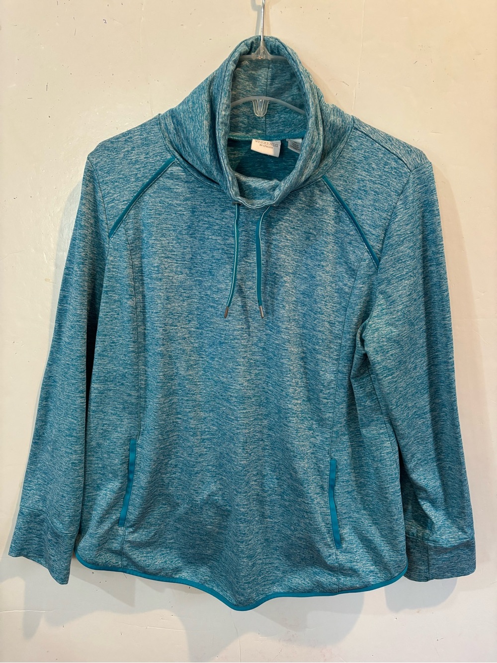 Weekends by Chico's Teal Drawstring Cowl Neck Pullover Sz 2 US 12